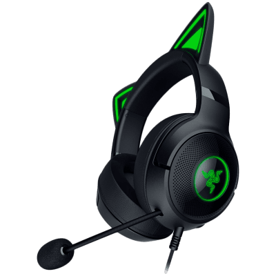 Kraken Kitty V2 - Black, Gaming headset, Kitty Ears, Stream Reactive Lighting, HyperClear Cardioid Mic, 40 mm TriForce Drivers, Built into the earcups microphone, Razer Chroma RGB (Ear and