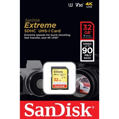 SANDISK Extreme SDHC, 32GB, UHS-1,Class 10, U3, V30, 90 Mb/s