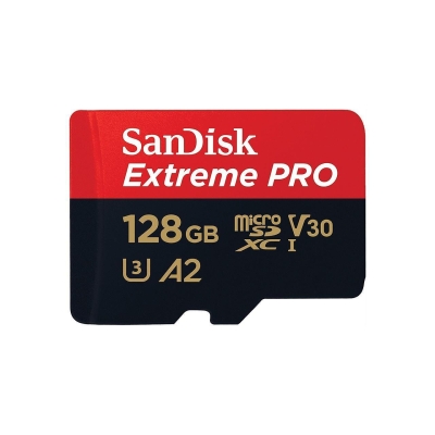 SANDISK Extreme PRO microSDXC, 128GB, Class 10 U3, A2, V30, 90 MB/s, SD adapter