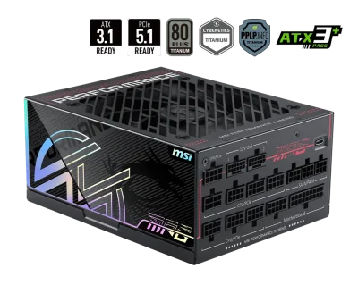 Захранване MSI MPG Ai1600TS PCIE5 600W, 80 PLUS Titanium, Dual PCIe 5.1 Cables, ATX 3.1