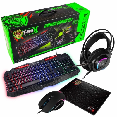 Гейминг комбо ROXPOWER T-ROX 4 in 1 PREDATOR - клавиатура, мишка, слушалки, подложка, с кабел