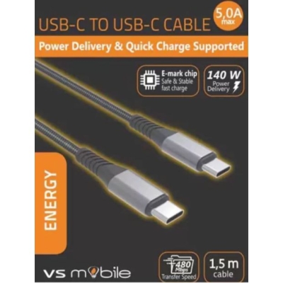 Кабел VS Mobile , за зареждане Power Delivery (PD) - USB-C към USB-C 5A 140W, 480Mbps, E-Marker чип, дължина 1.5м /W5A140WPDBK/ черен (3803014600009)