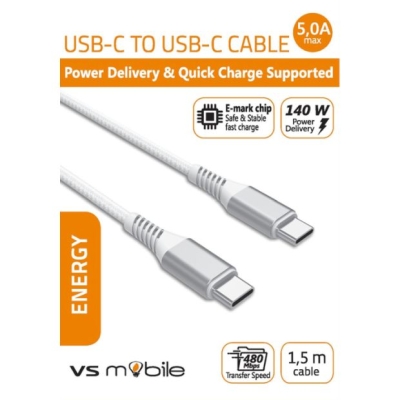 Кабел VS Mobile , за зареждане Power Delivery (PD) - USB-C към USB-C 5A 140W, 480Mbps, E-Marker чип, дължина 1.5м /W5A140WPDWH/ бял (3803014700006)