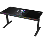Dual-motor sit/stand adjustable-height gaming desk with built-in PC case, wireless charger, RGB lighting, control panel, and USB ports, tempered glass tabletop, black.