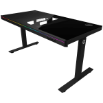 Dual-motor sit/stand adjustable-height gaming desk with built-in PC case, wireless charger, RGB lighting, control panel, and USB ports, tempered glass tabletop, black.