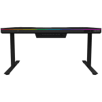 Dual-motor sit/stand adjustable-height gaming desk with built-in PC case, wireless charger, RGB lighting, control panel, and USB ports, tempered glass tabletop, black.