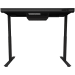 Dual-motor sit/stand adjustable-height gaming desk with built-in PC case, wireless charger, RGB lighting, control panel, and USB ports, tempered glass tabletop, black.