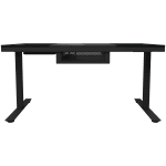 Dual-motor sit/stand adjustable-height gaming desk with built-in PC case, wireless charger, RGB lighting, control panel, and USB ports, tempered glass tabletop, black.