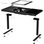 Dual-motor sit/stand adjustable-height gaming desk with built-in PC case, wireless charger, RGB lighting, control panel, and USB ports, tempered glass tabletop, black.