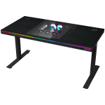 Dual-motor sit/stand adjustable-height gaming desk with built-in PC case, wireless charger, RGB lighting, control panel, and USB ports, PB melamine surface tabletop, black.