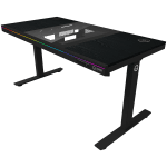 Dual-motor sit/stand adjustable-height gaming desk with built-in PC case, wireless charger, RGB lighting, control panel, and USB ports, PB melamine surface tabletop, black.