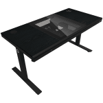 Dual-motor sit/stand adjustable-height gaming desk with built-in PC case, wireless charger, RGB lighting, control panel, and USB ports, PB melamine surface tabletop, black.
