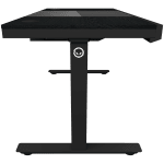 Dual-motor sit/stand adjustable-height gaming desk with built-in PC case, wireless charger, RGB lighting, control panel, and USB ports, PB melamine surface tabletop, black.