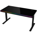 Dual-motor sit/stand adjustable-height gaming desk with wireless charger, RGB lighting, control panel, and USB ports, solid tempered glass tabletop, black.