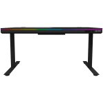 Dual-motor sit/stand adjustable-height gaming desk with wireless charger, RGB lighting, control panel, and USB ports, solid tempered glass tabletop, black.