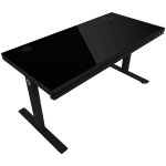 Dual-motor sit/stand adjustable-height gaming desk with wireless charger, RGB lighting, control panel, and USB ports, solid tempered glass tabletop, black.