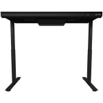Dual-motor sit/stand adjustable-height gaming desk with wireless charger, RGB lighting, control panel, and USB ports, solid tempered glass tabletop, black.