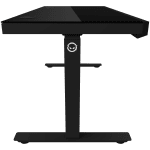 Dual-motor sit/stand adjustable-height gaming desk with wireless charger, RGB lighting, control panel, and USB ports, solid tempered glass tabletop, black.