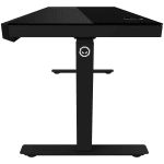 Dual-motor sit/stand adjustable-height gaming desk with wireless charger, RGB lighting, control panel, and USB ports, solid tempered glass tabletop, black.