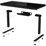 Dual-motor sit/stand adjustable-height gaming desk with wireless charger, RGB lighting, control panel, and USB ports, solid tempered glass tabletop, black.