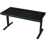 Dual-motor sit/stand adjustable-height gaming desk with wireless charger, RGB lighting, control panel, and USB ports, PB melamine surface tabletop, black.