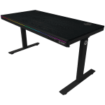 Dual-motor sit/stand adjustable-height gaming desk with wireless charger, RGB lighting, control panel, and USB ports, PB melamine surface tabletop, black.
