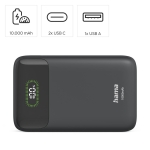 HAMA Външна батерия "PD10-W20", 10000 mAh, 3 изхода: 2 x USB-C, USB-A, Бързо зареждане