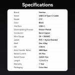 Vention кабел Cable - USB2.0 Type-C to Type-C - 5A Fast Charging, 240W, PD3.1, 1.2m -  CTYBAV
