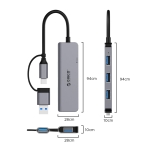 Orico хъб HUB USB-C/USB-A 4 port - USB3.0 x 1, USB2.0 x 3, Aluminium - YSA5-U3-GY