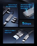 Orico хъб HUB USB-C/A 4 port - USB3.0 x 1, SD/TF x 2, USB2.0 x 2, USB-C x 2, Aluminium - YSA6-U3-GY