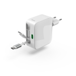 HAMA Бързо зарядно, 65 W, GaN, 2x USB-C, с разтегателен кабел 0.7м, бял