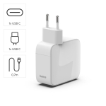 HAMA Бързо зарядно, 65 W, GaN, 2x USB-C, с разтегателен кабел 0.7м, бял