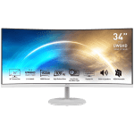 MSI PRO MP341CQW Professional Business Monitor, 34", 100Hz, UWQHD (3440x1440) 21:9, VA Anti-glare, 1ms/4ms, 3000:1, 178/178, 1500R Curve, FreeSync, 2x HDMI, 1x DP, Tilt, Speakers, White, 3Y Warranty