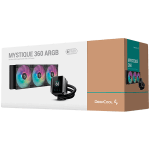 DeepCool MYSTIQUE 360 ARGB, 360mm CPU Liquid Cooler, 2.8" LCD screen, 3x120mm ARGB PWM Fans, Addressable RGB LED, Fluid Dynamic Bearing, Black, Intel LGA1851/1700/1200/1151/1150/1155, AMD AM5/AM4, R-LX750-BKADSNC-G-1