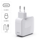 HAMA Бързо зарядно, 30 W, GaN, 2x USB-C, с разтегателен кабел 0.7м, бял