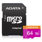 Карта памет 64GB microSDHC, с SD адаптер, A-Data Premier AUSDX64GUICL10-RA1, Class 10 UHS-I, скорост на четене до 80MB/s, скорост на запис до 10MB/s