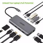 Докинг станция Acer 12 port mini Dock, от USB C към 1x USB 3.2 Type-C, 2x USB 2.0 Type-A, 2x USB 3.2 Type-A, 1x MicroSD/TF четец, 1x DP, 2x HDMI, 1x RJ45, 1x AUX