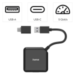 USB hub HAMA, USB-А 4-ports, USB 3.2 Gen 1, 5 Gbit/s, USB-C adapter, Black