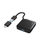 USB hub HAMA, USB-А 4-ports, USB 3.2 Gen 1, 5 Gbit/s, USB-C adapter, Black