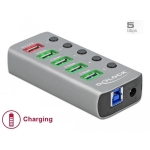 USB hub Delock 3.2 Gen 1, 4 x USB-A, 1 Fast Charging Port, 1 x USB-B, Backlight, Gray