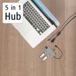 USB hub HAMA Multiport, 5-ports 2 x USB-A, 1 x USB-C, 1 x HDMI, 1х LAN, Gray